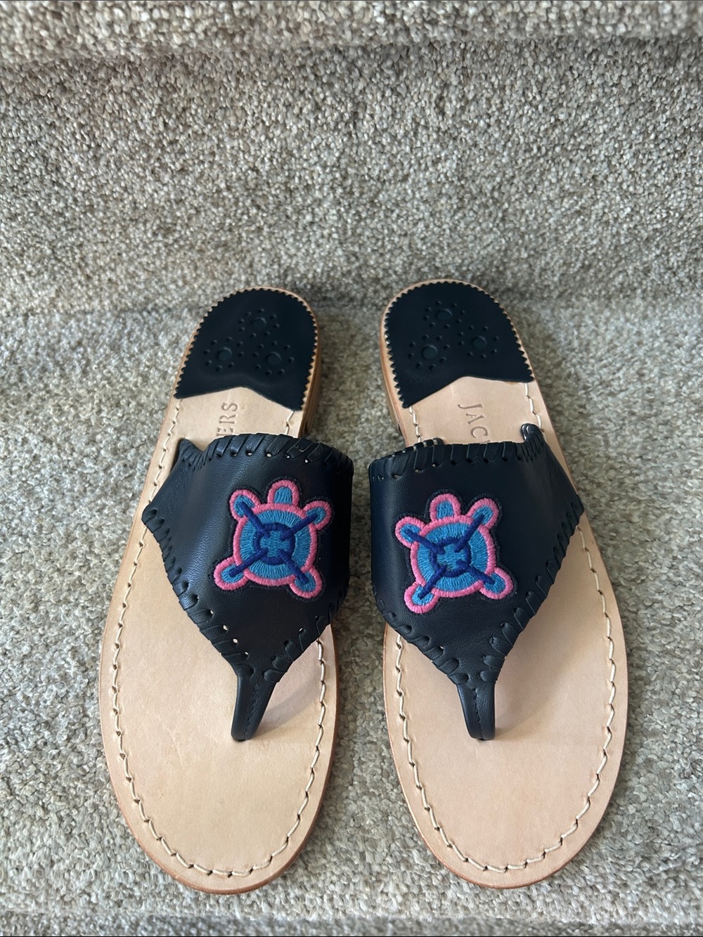 Jack Rogers Black Leather Thong Sandals with Pink and Blue Embroidery Size 8